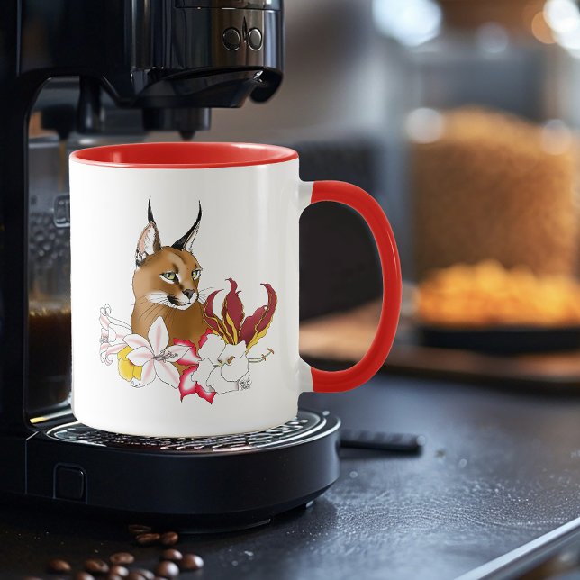 Caneca Elegante Caracal Gato Selvagem Lírios Floral Verde (Criador carregado)