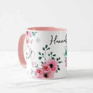 Caneca Elegante cor-de-rosa Floral 50º Aniversário Nome d