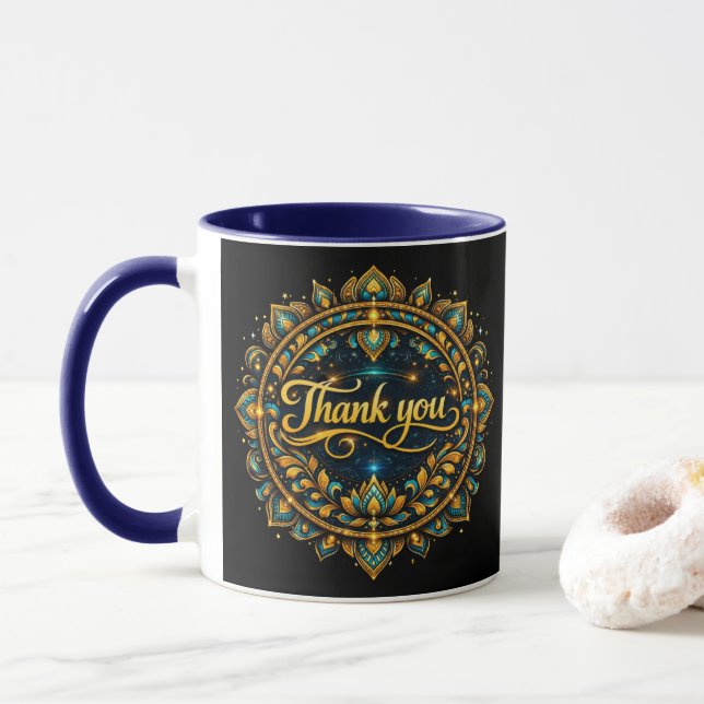 Caneca Elegante Design de Mandala "Obrigado" Dourado com  (Com Donut)