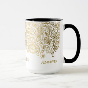 Caneca Elegante Dourado E White Paisley