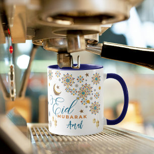 Caneca Elegante Eid Mubarak Caligrafia Lua Estrelas Perso