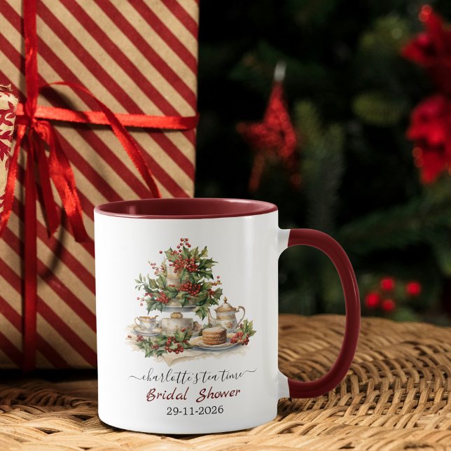Caneca Elegante Festa de Chá de Noiva de Natal (christmas bridal shower mug, tea party mug, holiday bridal shower favor, festive tea cup, holly  )