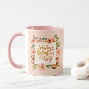 Caneca Elegante Floral Cor-de-Rosa em Aquarela Feliz Dia
