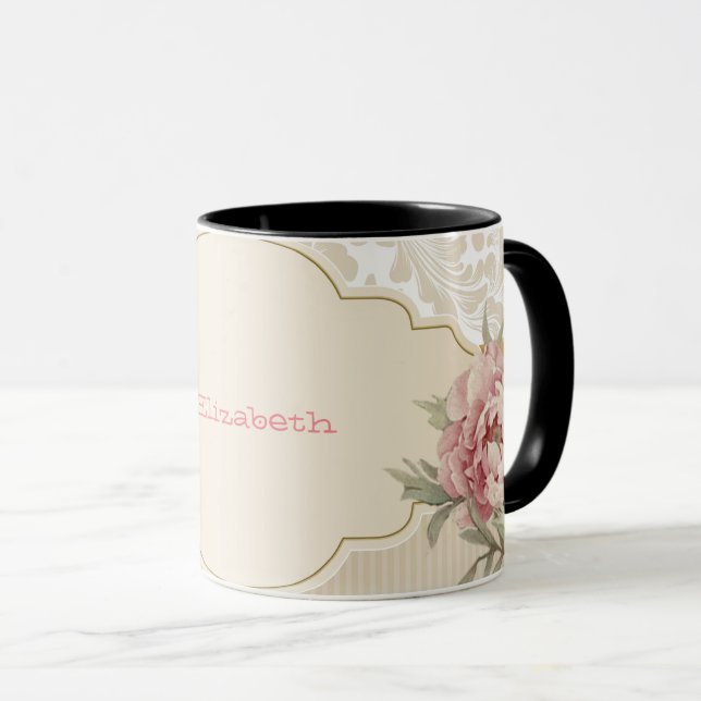 Caneca Elegante Floral Damask Rosas Chic (Frente Esquerda)