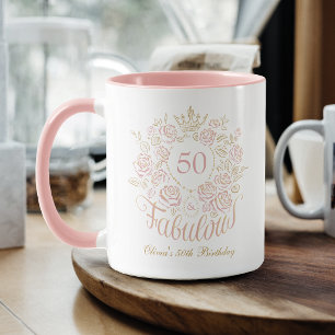 Caneca Elegante Floral Rosa & Dourado 50 & Fabuloso Anive