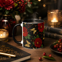 Elegante Floral Vermelho & Borboleta Dourada