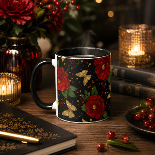Caneca Elegante Floral Vermelho & Borboleta Dourada