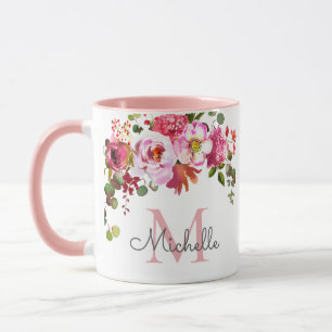 Caneca Elegante Girly Pink Rose Nome Floral Monograma