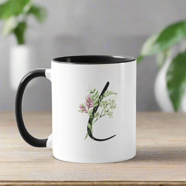 Caneca Elegante Letra Inicial L Folhas De Floral Botânica (Criador carregado)