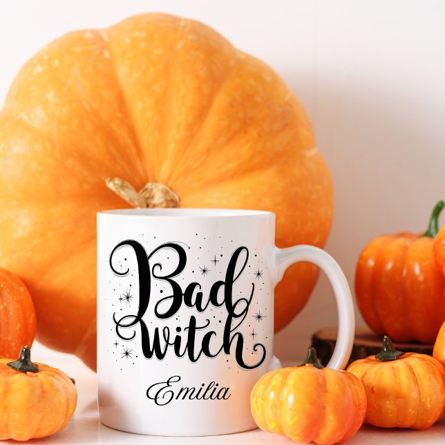 Caneca Elegante Má Bruxa Nome Halloween Preto e Branco (Criador carregado)