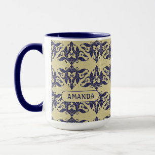 Caneca Elegante Monograma Damasco Azul-Navy Amarelo Vinta