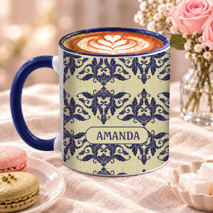 Caneca Elegante Monograma Damasco Azul-Navy Amarelo Vinta