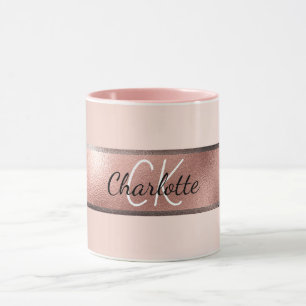 Caneca elegante monograma metálico cor-de-rosa dourado 
