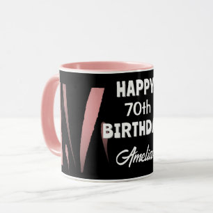 Caneca Elegante Preto Rosa Aquarela 70º Aniversário Feliz