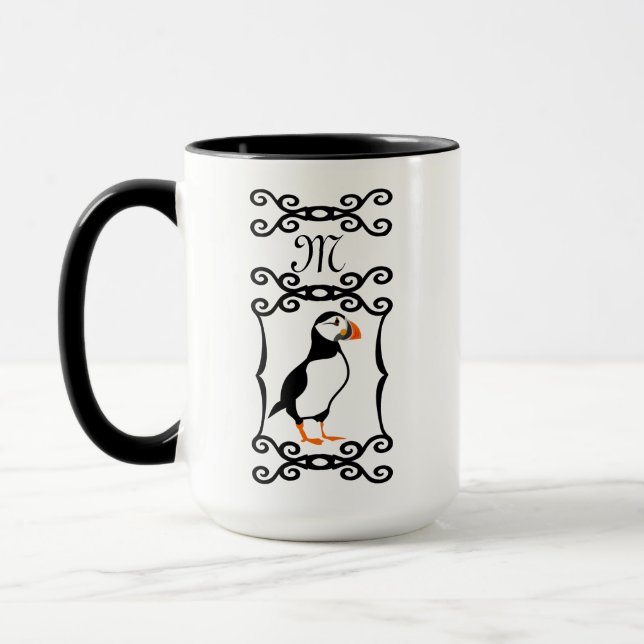 Caneca Elegante Puffin em Monograma da Moldura de Ferro F (Esquerda)