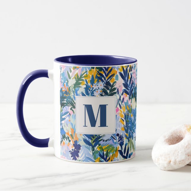 Caneca Elegante Real Abstrato Botânico Monograma (Com Donut)