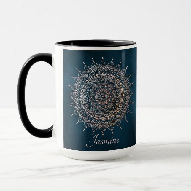 Caneca Elegante Rosa Dourado em Teal Floral Henna Mandala (Esquerda)
