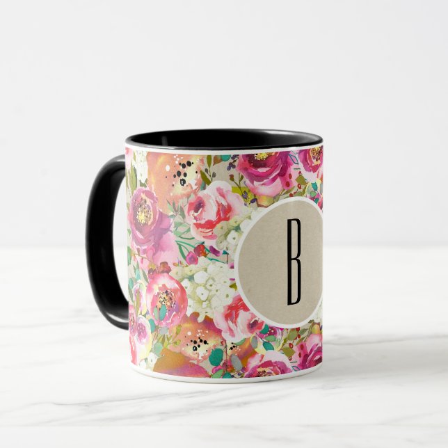 Caneca Elegante Russo Floral Chic Kraft Monograma Persona (Frente Esquerda)