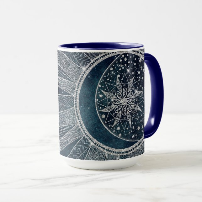 Caneca Elegante Sun Moon Doodle Mandala Blue Design (Frente Esquerda)