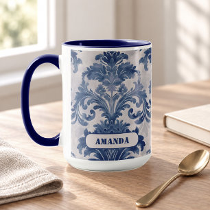 Caneca Elegante Toile de Jouy Azul Damask Monograma