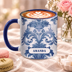 Caneca Elegante Toile de Jouy Azul Damask Monograma