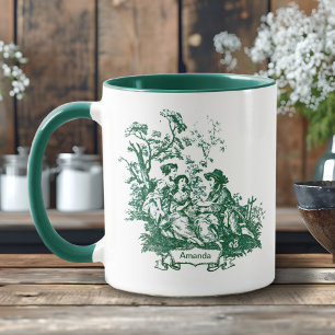 Caneca Elegante Toile de Jouy Vintage Monograma Verde