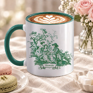 Caneca Elegante Toile de Jouy Vintage Monograma Verde
