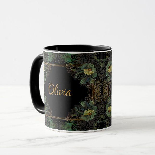 Caneca Elegante vitoriano moody verde-escuro de ouro botâ (Frente Esquerda)