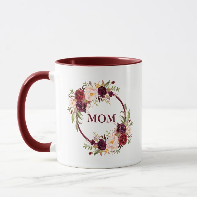 Caneca Elegante Watercolor Burgundy Floral Mãe (Esquerda)