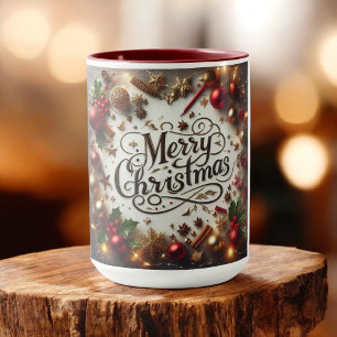 Caneca Elegantes Enfeites Dourados e Vermelhos Feliz Nata