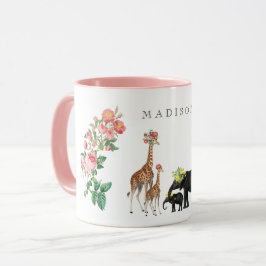 Caneca Elephant & Giraffe Floral Nome Personalizado