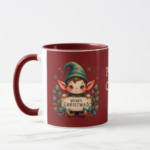 Caneca Elfo de Natal Fofo Segurando Placa Merry Vermelha