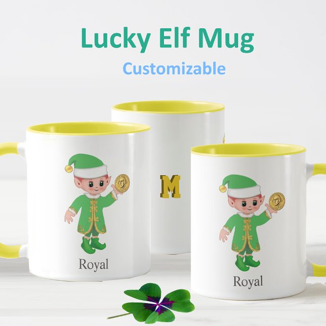 Caneca Elfo Sortudo Moderno com Caligrafia & Monograma (Criador carregado)