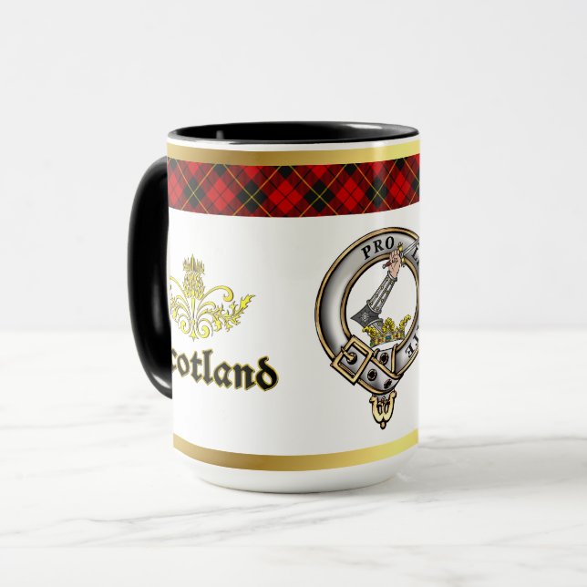 Caneca Emblema do Clã Wallace Tartan com Borda Dourada (Frente Esquerda)