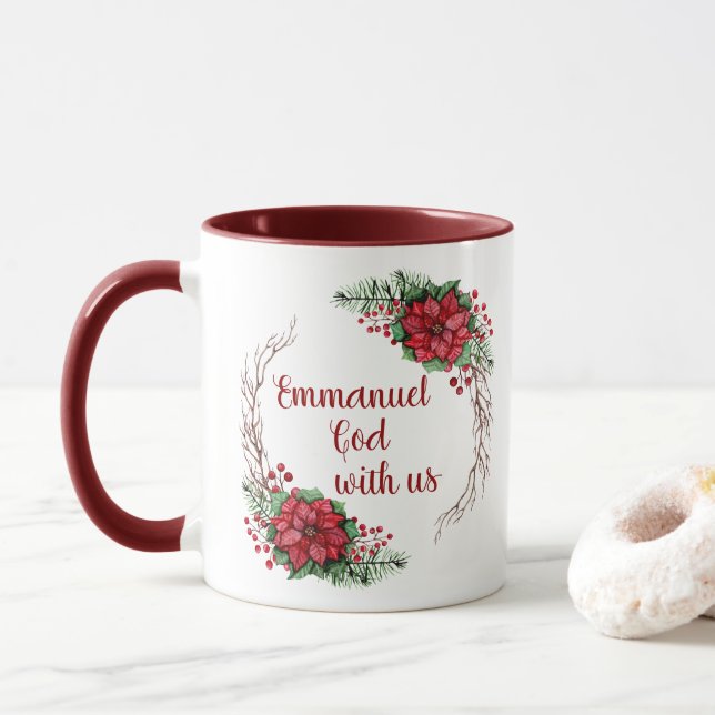 Caneca Emmanuel Personalizado Deus Está Com Nossa Poinset (Com Donut)