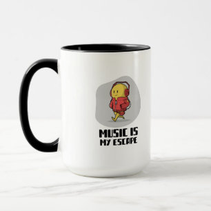 Caneca emoticon sorridente com fones de ouvido