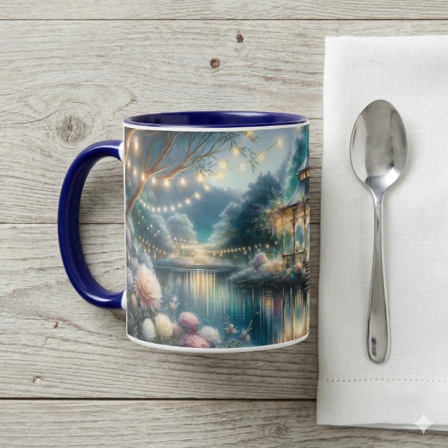 Caneca Enchanted Garden Gazebo Twilight Reflection (Enchanted Garden Gazebo Twilight Reflection Mug On Table)