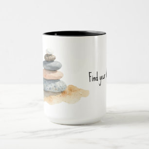 Caneca Encontre Seu Equilíbrio Pilha de Seixos Zen em Aqu