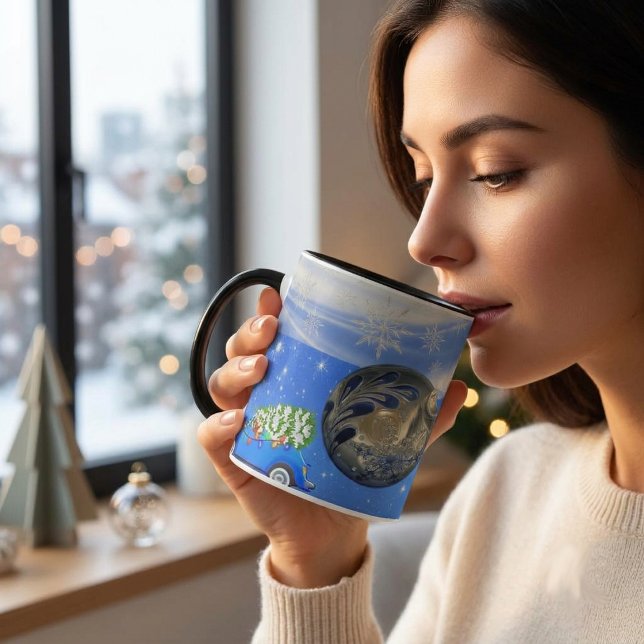 Caneca Enfeite de Natal Azul Flocos de Neve Nevasca  (Christmas Bauble Blue White Snowflakes Snowstorm Mug)