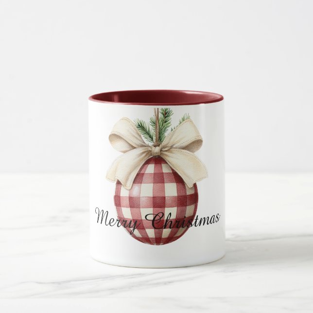 Caneca Enfeite de Natal com Listras Xadrez Vermelho e Cre (Centro)