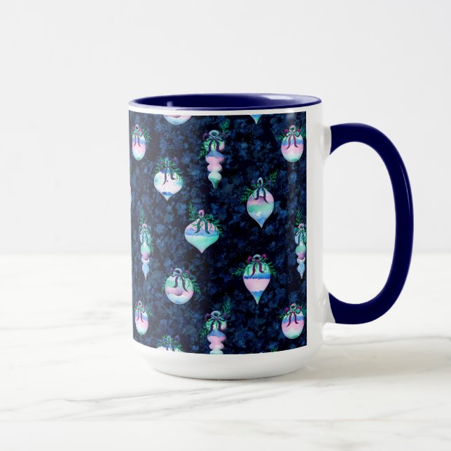 Caneca Enfeites de natal de aquarela em preto e azul (Direita)