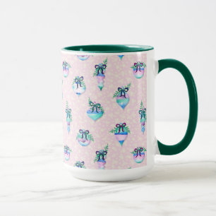 Caneca Enfeites de natal de aquarelas e neve a rosa