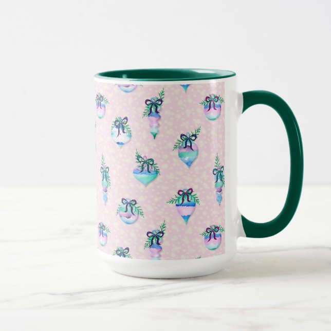 Caneca Enfeites de natal de aquarelas e neve a rosa (Direita)