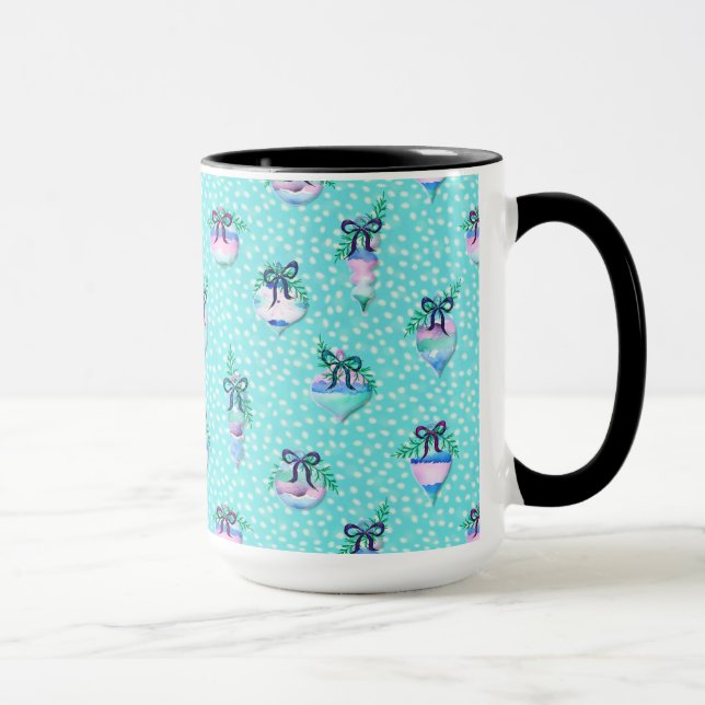Caneca Enfeites de natal de aquarelas e neve em Aqua (Direita)