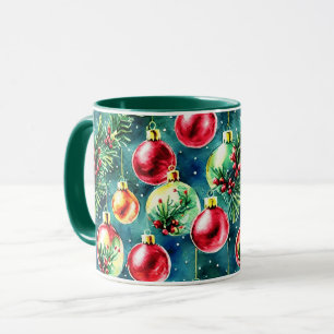 Caneca Enfeites de natal de aquarelas, vermelhos e verdes
