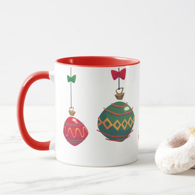 Caneca Enfeites de Natal Vermelhos e Verdes Retrô (Com Donut)