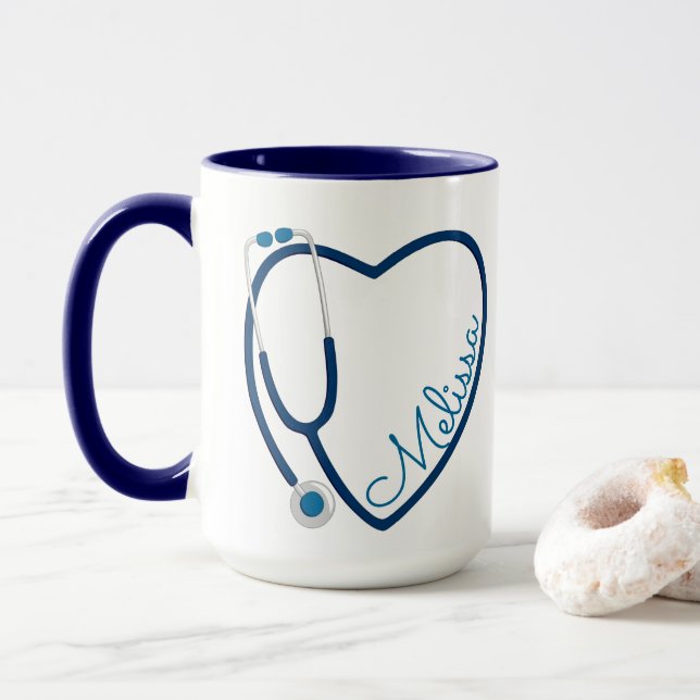 Caneca Enfermeiro Stethoscope Cardíaco Azul Café Diversão (Com Donut)