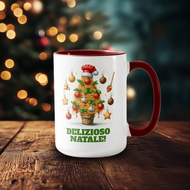 Caneca Engraçada Árvore de Natal Delizioso Natale! (Funny Spaghetti Christmas Tree 15oz Two-Tone Mug)