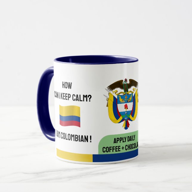 Caneca Engraçado Colômbia Mantenha Texto Calmo, Bandeira  (Frente Esquerda)