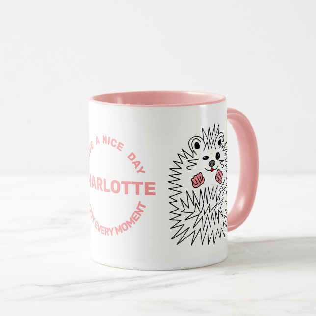 Caneca Engraçado Hedgehog. Tenha Um Bom Dia E Seu Nome (Frente Esquerda)